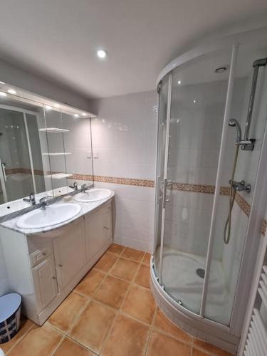 une salle de bain avec deux lavabos et une douche dans l'établissement Merlinite - 4 couchages, à Archigny