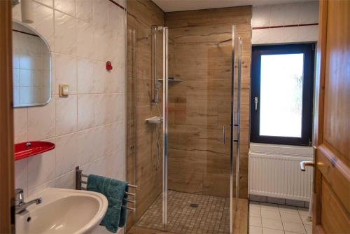 y baño con ducha y lavamanos. en 2-Personenappartement-in-Schaprode-auf-Ruegen-Zi1, en Schaprode