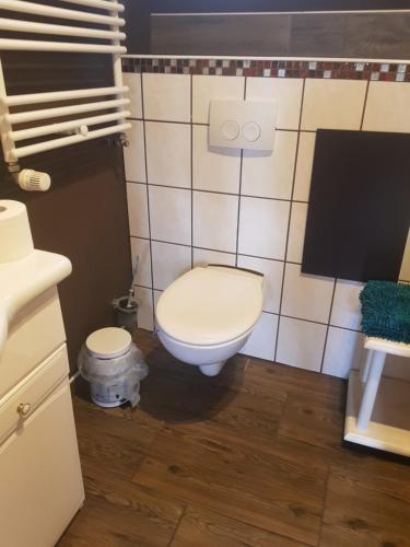 a bathroom with a white toilet in a room at Haus Abendsonne in Barth