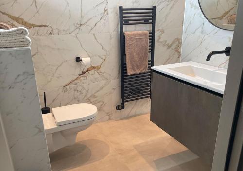 a bathroom with a white toilet and a sink at Villa Lands End Stavoren in Stavoren