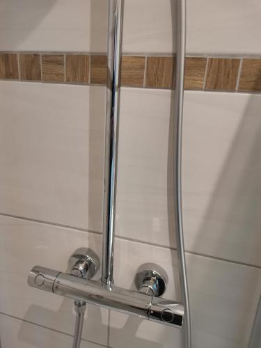 a shower with chrome fixtures in a bathroom at Ferienwohnung Paulinzella 9 inklusive Parkplatz und WLAN in Königsee
