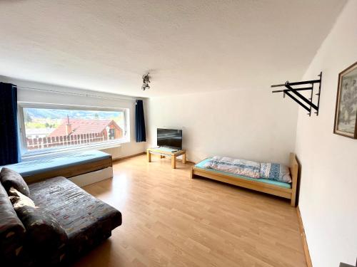 ein Wohnzimmer mit einem Sofa und einem Fenster in der Unterkunft Private Wohnung in Leoben