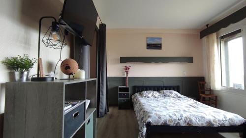 une chambre avec un lit, un bureau et une fenêtre dans l'établissement Studio avec belle vue proche du lac Genin Echallon, à Echallon