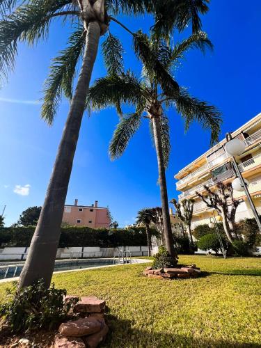 two palm trees in a park next to a building at Private garden 100 m from the sea in Benicàssim