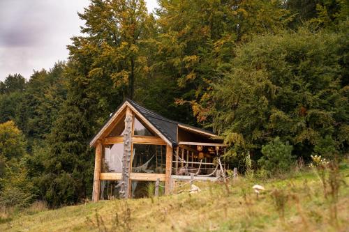 una pequeña casa en una colina en un campo en Górna Chata Mountains Chalet - Stable Cottage en Ochotnica Górna