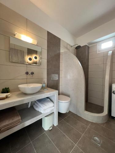 a bathroom with a sink and a toilet and a shower at Petit Homme by Andreas in Perissa