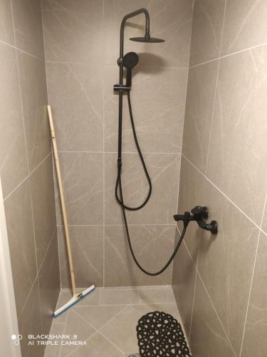 a shower with a shower head in a bathroom at צימרים סוף העולם 3 in Ein Kinya