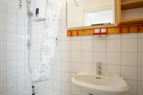 een badkamer met een wastafel en een douche bij Bellevue-Haus-A-Wohnung-9 in Großenbrode