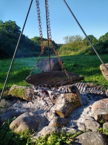 a swing hanging over a camp fire in a field at Blackberry Patch in Pont Yates