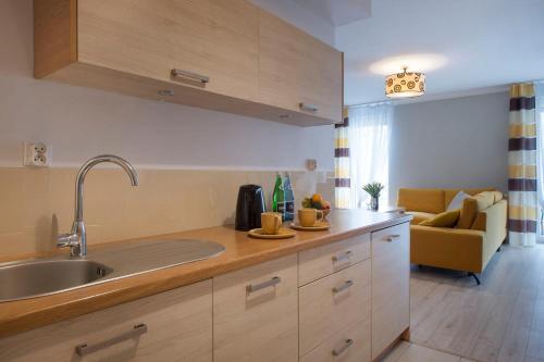 eine Küche mit einem Waschbecken und einem Sofa in einem Zimmer in der Unterkunft Apartamenty Feniks in Świnoujście