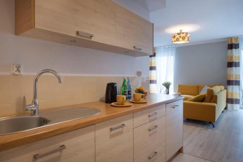 una cucina con lavandino e un divano in una camera di Apartamenty Feniks a Świnoujście