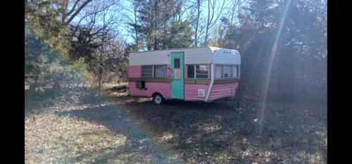 a pink and green caravan parked in a field at Goin Bonanza Glamping Ranch in Hardy