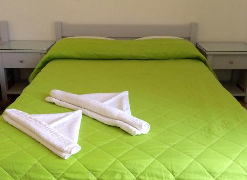Una cama verde con dos toallas blancas. en Pension Askas, en Egíali