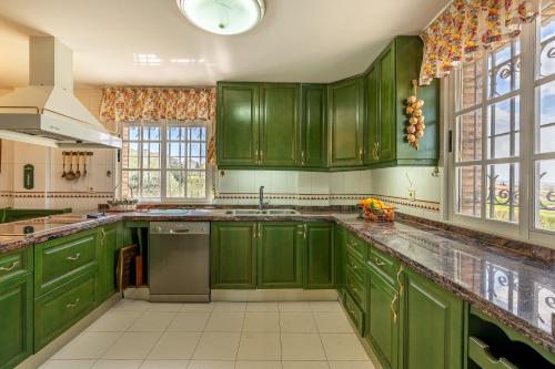 a green kitchen with green cabinets and a sink at Cypress House in La Zubia