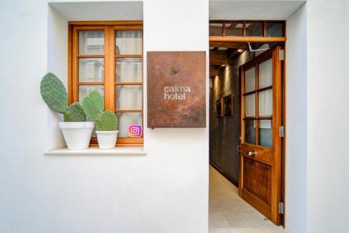 a door and a window with two potted plants at Calma Hotel in Ciutadella