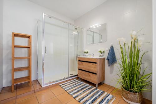 a bathroom with a shower with a sink and a mirror at Villa Maravillosa in Cunit