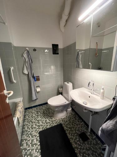 a bathroom with a white toilet and a sink at Skelvangsvej in Randers
