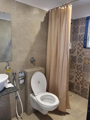 a bathroom with a toilet and a sink and a shower at Starlit Suites Shirdi in Nighoj
