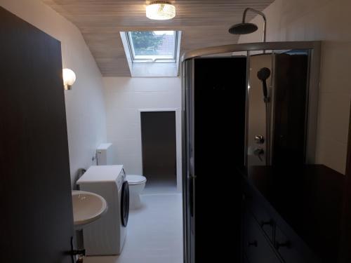 a bathroom with a sink and a toilet and a window at Karl-Stieler-Straße in Bruckmühl