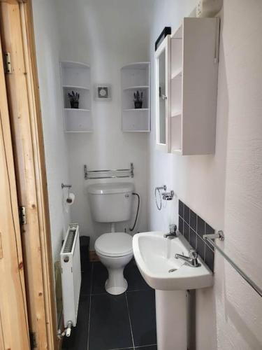 a white bathroom with a toilet and a sink at Eddie's Thatched Roadside Cottage in Whitefield