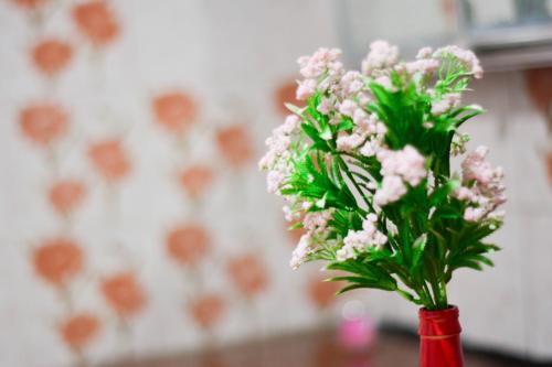 a red vase with pink flowers in it at Varandas da Paulista in São Paulo