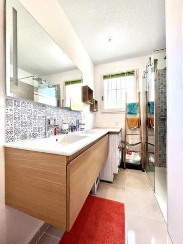 une cuisine avec évier et tapis rouge dans l'établissement Appartement 2 chambres à Lama avec Piscine, à Lama