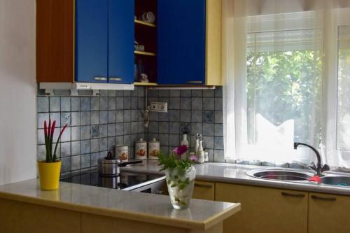 a kitchen with blue cabinets and a vase of flowers on a counter at Μονοκατοικία δίπλα στην Θάλασσα in Salamís