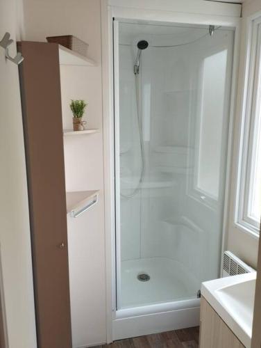 une douche avec une porte vitrée dans une salle de bain dans l'établissement Mobil-home tout confort climatisé 6 personnes proche Europa Park, route des vins, Alsace, à Boofzheim