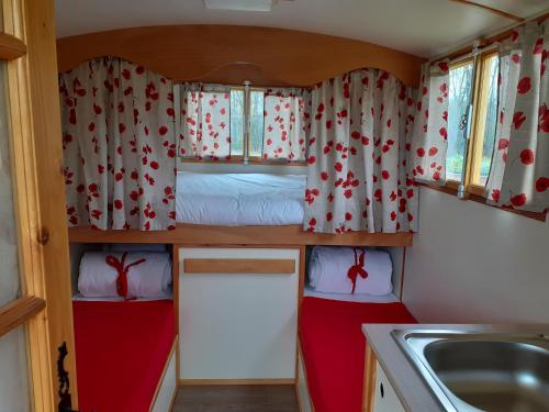 Kleines Zimmer mit 2 Etagenbetten und einem Waschbecken in der Unterkunft Véritable roulotte à la campagne in Bassillon-Vauzé