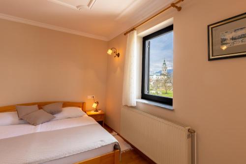 sypialnia z łóżkiem i oknem w obiekcie Tourist farm Tominc w mieście Brezje