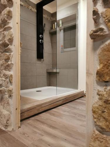 a shower with a glass door in a bathroom at Unser Keltenhof in Niederstetten