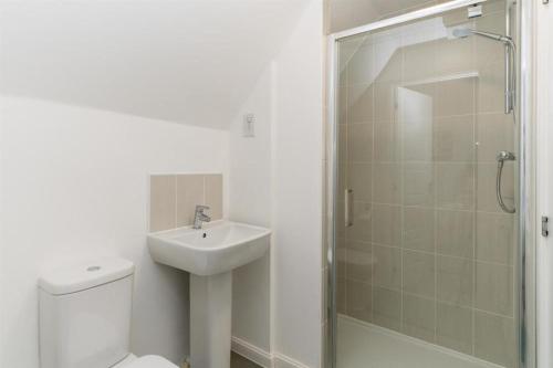 La salle de bains est pourvue de toilettes, d'un lavabo et d'une douche. dans l'établissement Beautiful 4 Bedroom Treasure home, à Hemel Hempstead