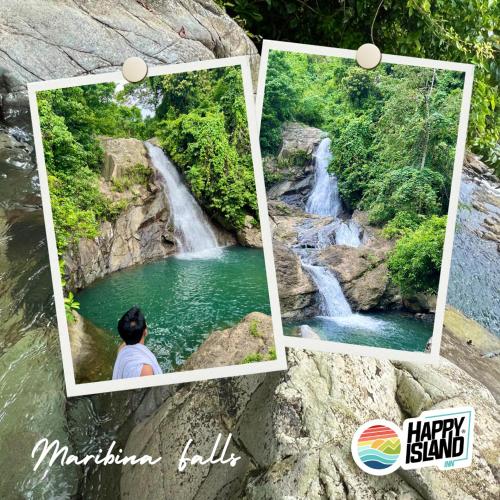 two photographs of a waterfall and a man sitting in front of a waterfall at Happy Island Inn in Virac