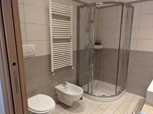 a bathroom with a shower and a toilet and a sink at La casetta gialla in Rome