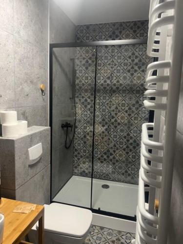 a shower with a glass door in a bathroom at Happy 4 in Krosno