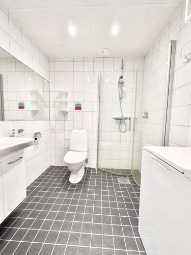 a white bathroom with a toilet and a shower at Kostergården in Sydkoster