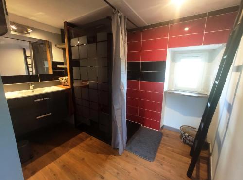 a bathroom with a red and black tiled wall at Gîte du Fassac in Saint-Julien-du-Puy