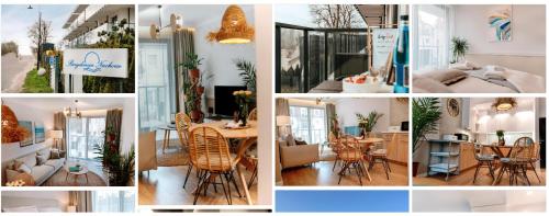 a collage of photos of a living room and dining room at Boho przy plaży - Rezydencja Niechorze in Niechorze