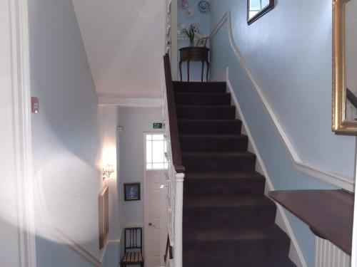 a staircase in a home with blue walls at Brocks in Bath