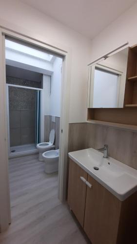 a bathroom with a sink and a toilet and a mirror at Appartamento cavalluccio marino in Porto Potenza Picena