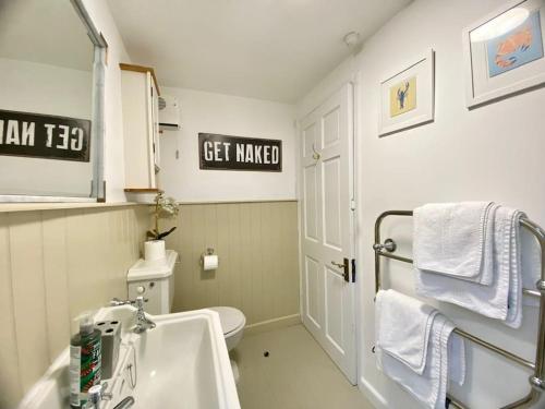 a bathroom with a white toilet and a sink at Pretty 1 bedroom cottage near Cirencester in Purton