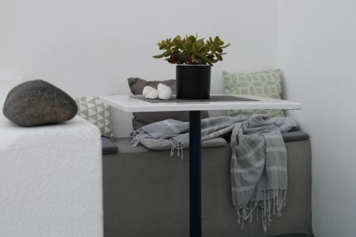 a table with a potted plant on top of a bench at Paros Reppas House "Livadia" in Parikia