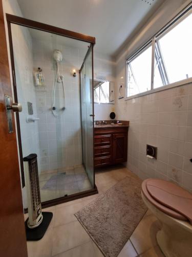a bathroom with a shower and a toilet at Apto aconchegante quarto e sala reversível in São Lourenço