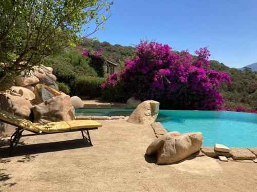 a bench sitting next to a swimming pool with rocks at Villas Valinco San Martinu Corse du Sud - vue et proche mer - piscines-7 chambres in Olmeto