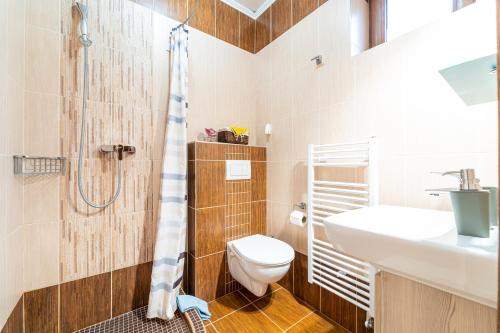 uma casa de banho com um WC, um lavatório e um chuveiro em Penzión Zunama em Bardejovské Kúpele