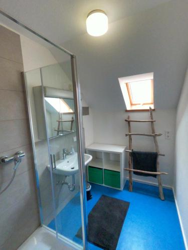 a bathroom with a shower and a sink and a ladder at Ferienwohnung mit Dachterrasse in Achberg