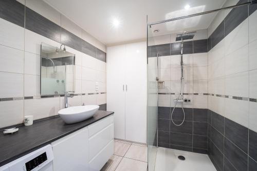 une salle de bain avec un lavabo et une douche dans l'établissement Le Maréchal Juin - Appt 8 voyageurs, à Perpignan