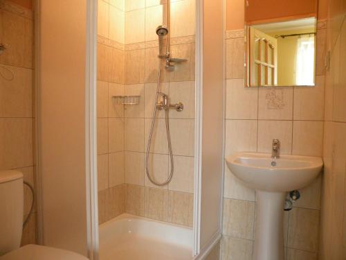 a bathroom with a shower and a sink at Domek Julia in Krościenko