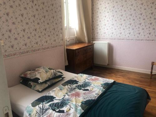ein Schlafzimmer mit einem Bett, einer Kommode und einem Fenster in der Unterkunft Gîte -Belle Maison dans une ancienne école-Tarif réduit hors WE ! in Chanzeaux