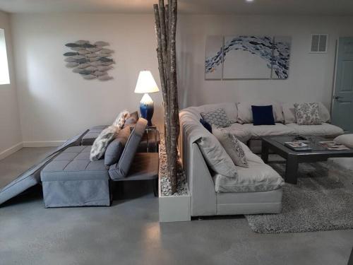 a living room with a couch and a dog laying on a chair at 5 Star Waterfront Luxury Vacation Apartment in New London